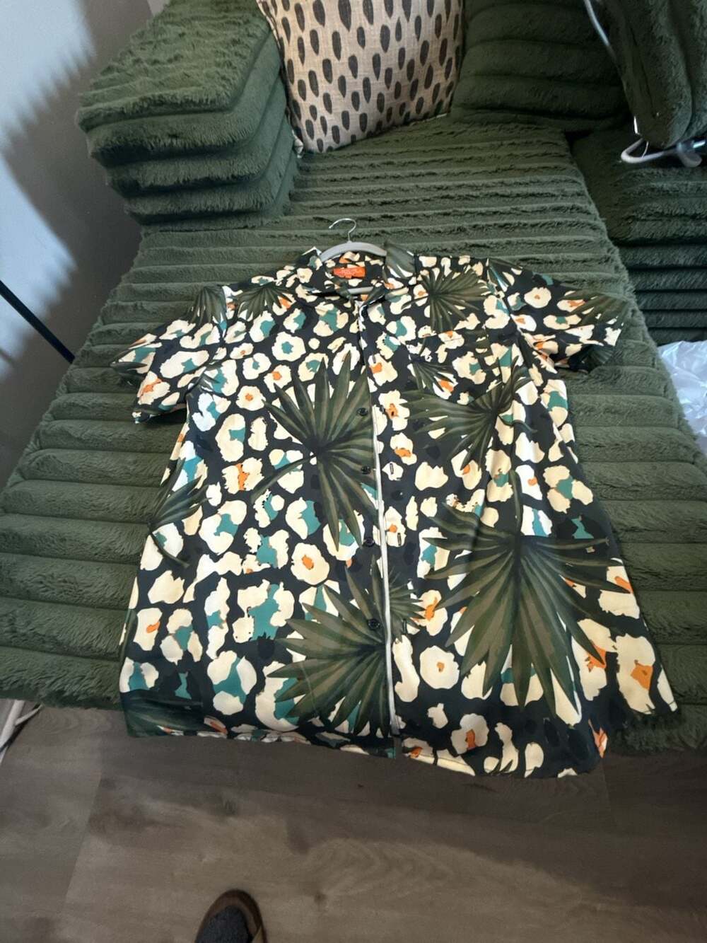 Negative Space Tropical Palm and Leopard Print Button-Up Shirt